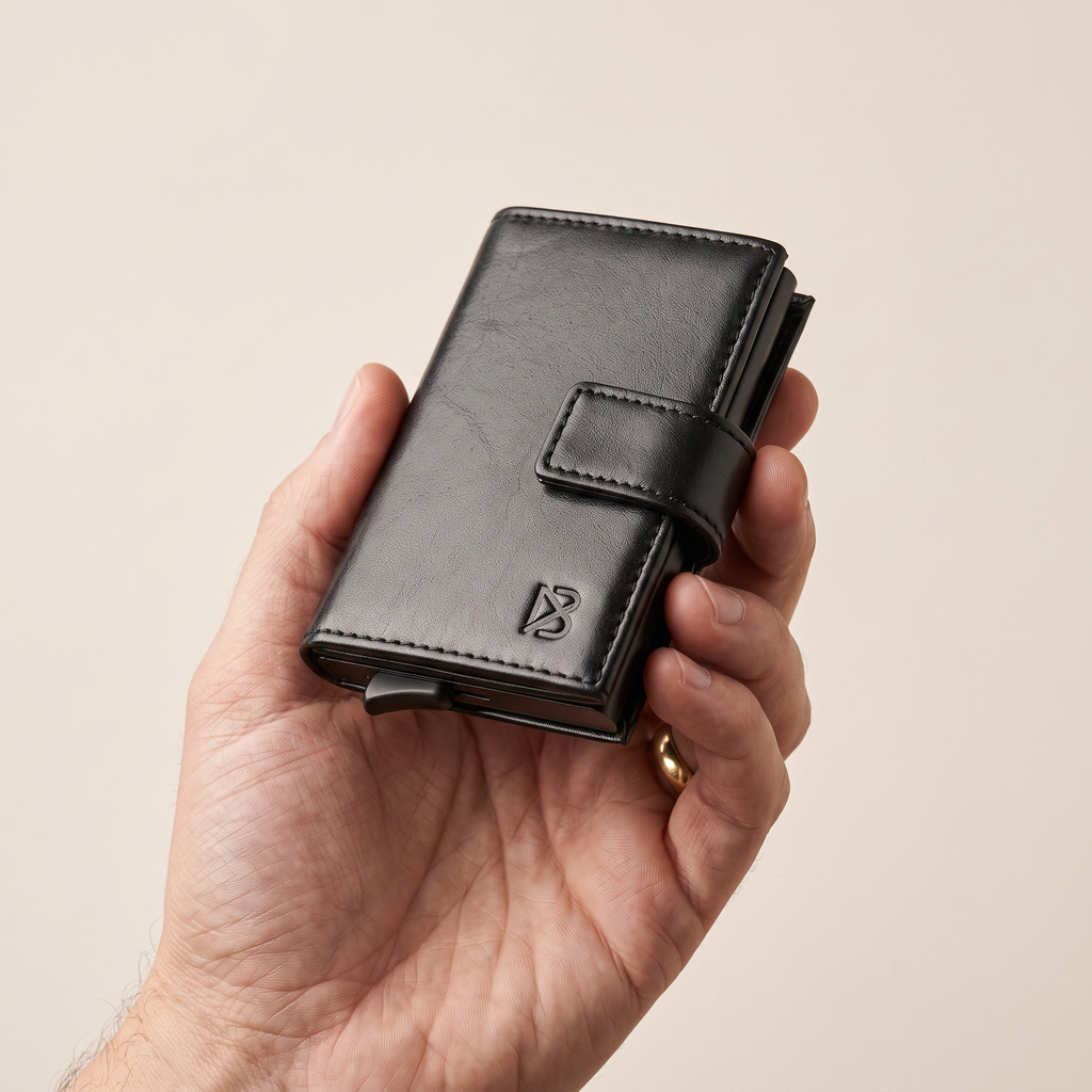 Billetera Onyx sostenida en la mano para referencia de escala
