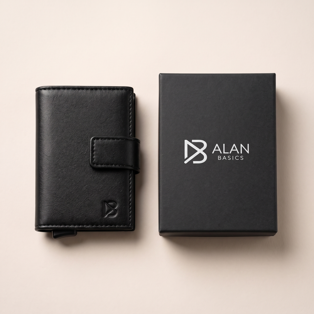 Billetera Onyx junto a su caja de empaque Alan Basics