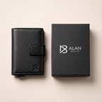 Billetera Onyx junto a su caja de empaque Alan Basics