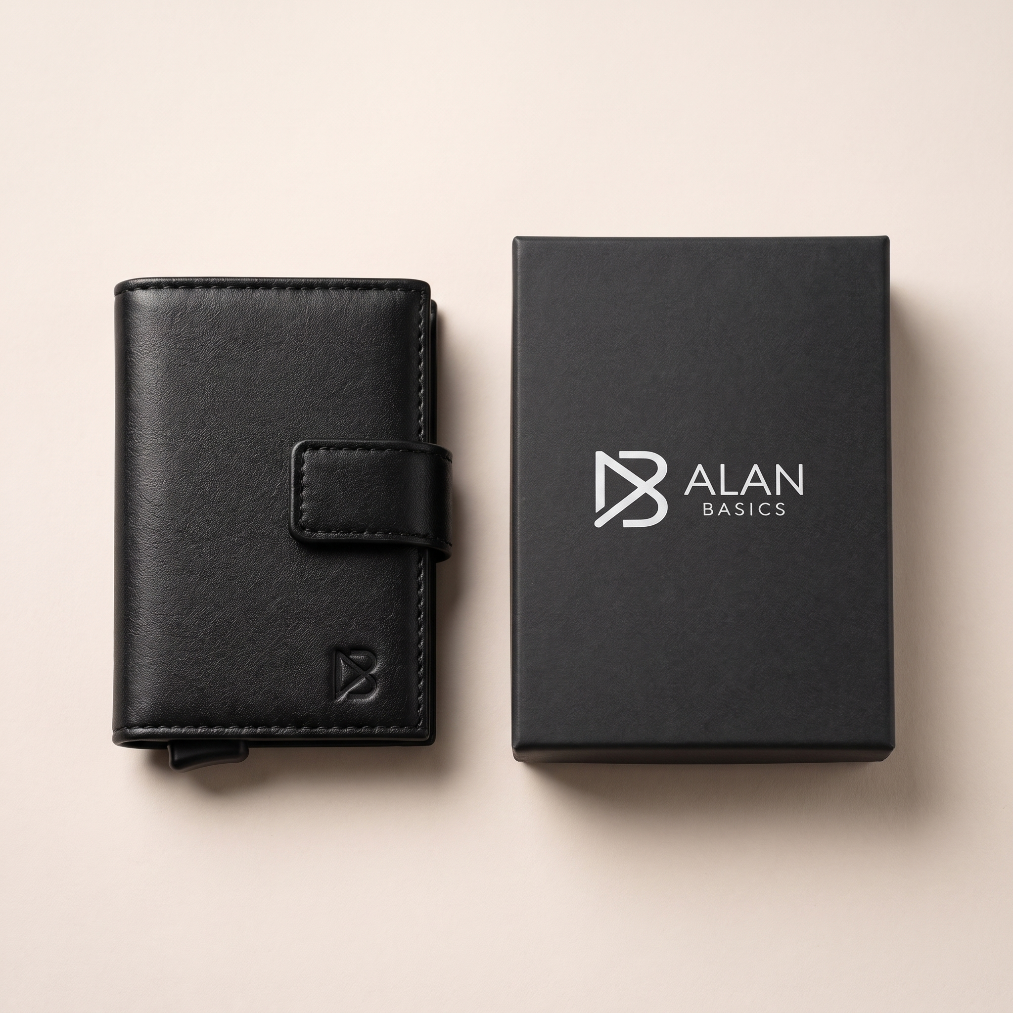 Billetera Onyx junto a su caja de empaque Alan Basics