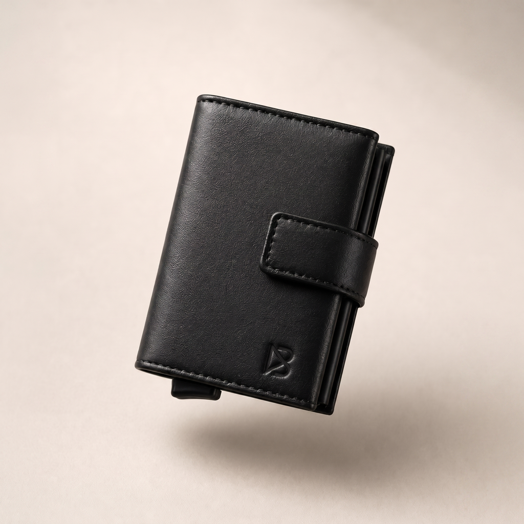 Billetera Onyx Alan Basics, cuero negro, vista frontal tres cuartos