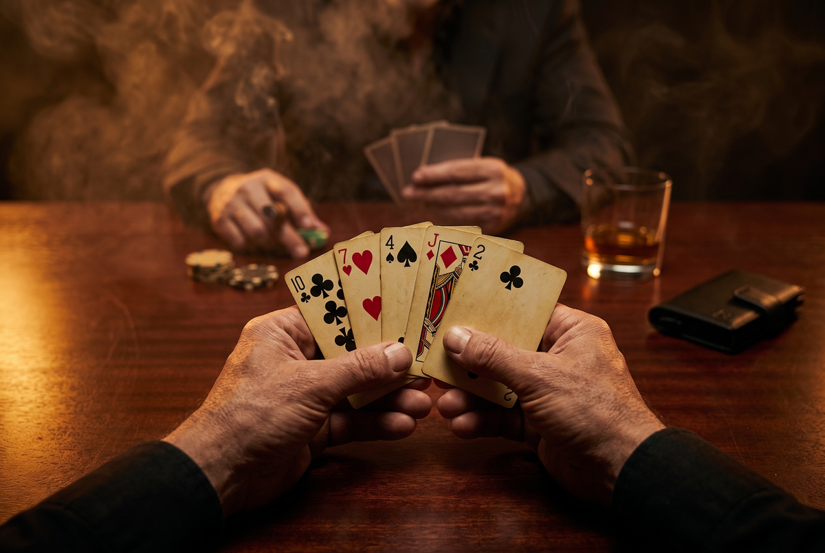 Partida de poker sobre una mesa de caoba; la billetera Onyx descansa fuera de foco sobre la mesa